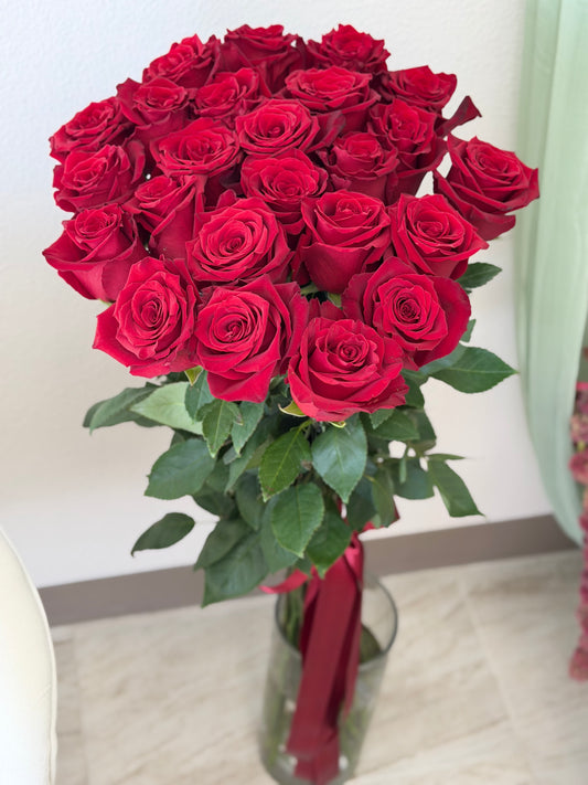 100 cm red long stem roses, 25 roses